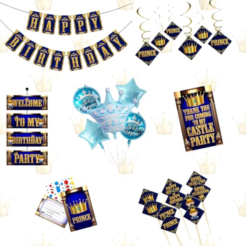 Partyzonus Geburtstagsparty-Set mit Prinzmotiven, 63-teilig, Geburtstagsbanner, Dankeskarten, Einladungen, Willkommensschild, Tortenaufsatz, Wirbel und Folienballons von Partyz on us