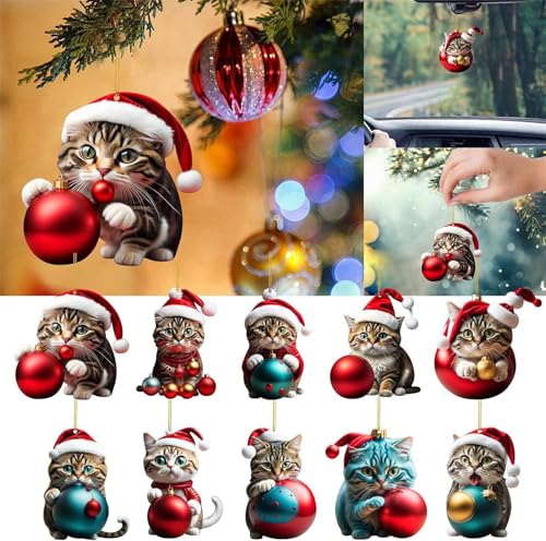 Weihnachtsbaum Katzen Anhänger,10 Stück Weihnachtsbaumschmuck Katze,Weihnachtsbaumschmuck 2D Acryl Weihnachten Katze,Weihnachtskugeln Katze,Christbaumschmuck Katzen Set,Weihnachten Katzen Anhänger von Paryou