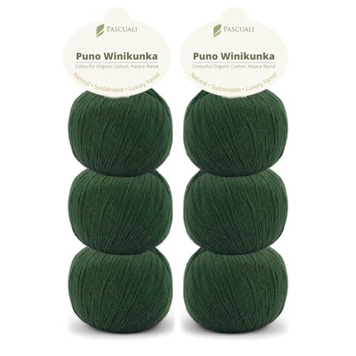 6 x 50g Pascuali Puno Winikunka. Strickwolle aus 70% Baumwolle (Bio), 30% Alpakawolle, Alpaca Wolle zum Stricken und Häkeln, Farbe:Moos 62 von Pascuali