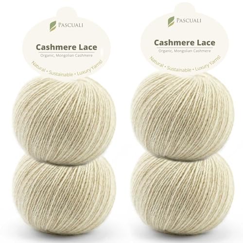 PASCUALI | Bio Cashmere Lace. Strickwolle aus 100% Kaschmirwolle Wolle zum Stricken und Häkeln, SET: 4 Knäuel - 100g - Farbe: Creme 20 von Pascuali