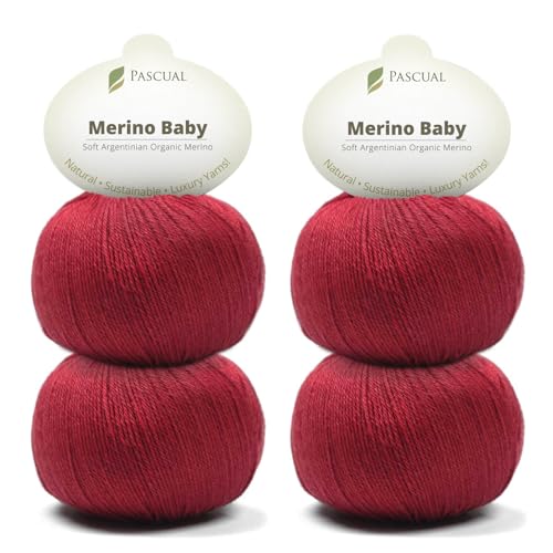 PASCUALI Merino Baby|Strickwolle aus 100% Schurwolle aus Merino, Merinowolle zum Stricken und Häkeln, SET: 4 Knäuel - 200 g, Farbe: Bordeaux 308 von Pascuali