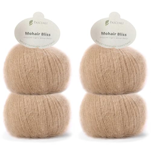 PASCUALI | Mohair Bliss |Strickwolle aus 60% Mohairwolle (Kid Mohair) 40% Seide Wolle Mohairgarn zum Stricken und Häkeln, SET: 4 Knäuel - 100g - Farbe:Beige 825 von Pascuali