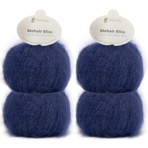 PASCUALI | Mohair Bliss |Strickwolle aus 60% Mohairwolle (Kid Mohair) 40% Seide Wolle Mohairgarn zum Stricken und Häkeln, SET: 4 Knäuel - 100g - Farbe:Navy 811 von Pascuali