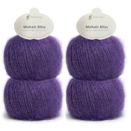 PASCUALI | Mohair Bliss |Strickwolle aus 60% Mohairwolle (Kid Mohair) 40% Seide Wolle Mohairgarn zum Stricken und Häkeln, SET: 4 Knäuel - 100g - Farbe:Pflaume 813 von Pascuali