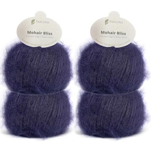 PASCUALI | Mohair Bliss |Strickwolle aus 60% Mohairwolle (Kid Mohair) 40% Seide Wolle Mohairgarn zum Stricken und Häkeln, SET: 4 Knäuel - 100g - Farbe:Traube 814 von Pascuali