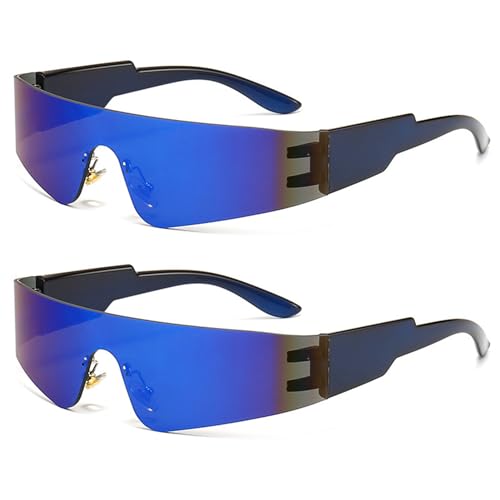 Pasdrucn 2 Stück Futuristische Sonnenbrille, Rave Brille, Schnelle Brille Rave, Sonnenbrille Alien Brille Rahmenlos, Schnelle Brille Futuristische, Space Sonnenbrille Fun Glasses (Blau) von Pasdrucn