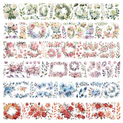 Pasdrucn 6 Blumen Washi Tape Set, 6x200cm Masking Tapes, Washi Tape Kinder, Sticker Rolle, Washi Tape Hochzeit, Blumen Klebeband Bunt, Washi Sticker Für DIY Handwerk Bullet Journals (12Pcs) von Pasdrucn