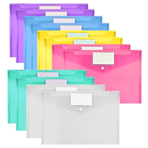 Pasdrucn Dokumententasche A4 Transparent Mit Druckknopf, 12/24 Stück Dokumentenmappe A4 Mit Etikettentasche, Sammelmappe A4, Dokumentenmappe A4 Zum Abheften Klar Für Schule, Zuhause (12Pcs) von Pasdrucn