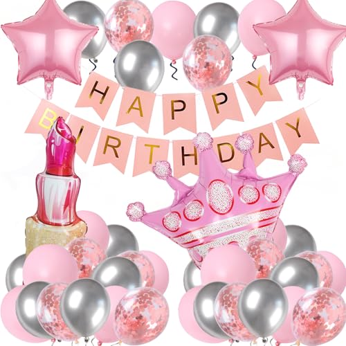 Rosa Geburtstagsdekorationen für Mädchen, rosa Kronenballons Stern Lippenstift Folienballon Rosa Silber Konfetti mit Latexballon Rosa Happy Birthday Banner für Frauen Geburtstag Party Dekor Supplies von Pasiihol