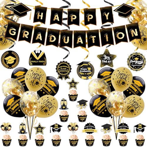 Abschlussdekorationen Klasse von 2024 1 Set Schwarz Gold Klasse von 2024 Dekorationen mit Bannerwirbel Luftballons Topper -Karten -Abschlussdekorationen für das High School College, 2024 Abschlussdek von Pastoralist