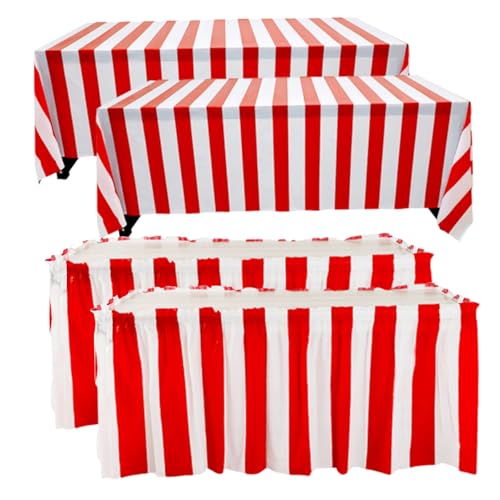 Pastoralist Carnival Tischtücher 4pcs/Set Red White Striped Carnival Table Rock 4x9ft. ＆ 14x2ft..Wasserdichtes Zirkus Themenpartydekorationen für Christams Dekor, Karnevalstischtücher von Pastoralist