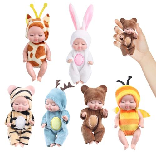 Pastoralist Mini-Baby-Puppen, 6PCS 4,3 Zoll winzige Baby-Puppe, verstellbare realistische Baby-Puppe mit Tier-Kleidung, niedliche kleine Baby-Puppe für Kleinkinder Mädchen Kinder 3 + von Pastoralist