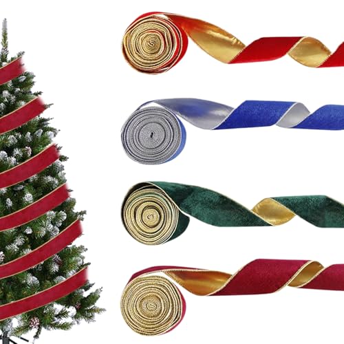 Weihnachtsbänder, 4pcs 5mx6,5 cm verdrahtete Wildleder Goldkante Weihnachtsband für Basteln, Schnabelkabel -Stoffband, Weihnachtsbaumhandwerksband für Weihnachtsdekorationen von Pastoralist