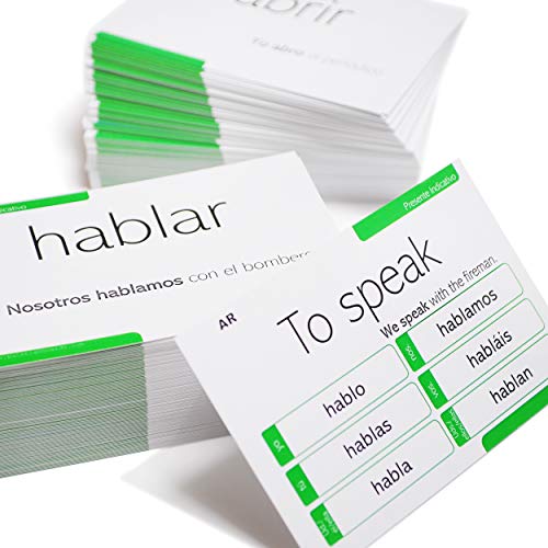 200 Karteikarten mit spanischem Verb, Konjugation Presente Indicativo, vollständige Beispiele in Spanisch und Englisch von Pat's Flash Cards