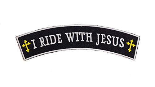 Aufnäher zum Aufbügeln mit Aufschrift "I Ride with Jesus", Schwarz mit Weiß mit goldenen Kreuzen von Patch Chest