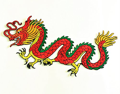 Patch Portal Dekorativer Aufnäher zum Aufbügeln, Motiv: chinesischer goldener Drache, handgefertigt, lebendige Applikation für Jacken, Kleidung und DIY-Projekte, 21,6 x 14,9 cm, mehrfarbig (rot) von Patch Portal