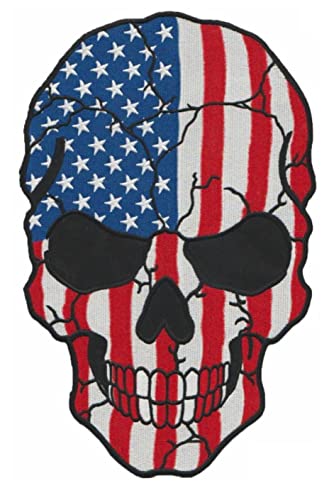 Großer Totenkopf-Aufnäher mit amerikanischer Flagge, 25,4 cm – zum Aufbügeln oder Aufnähen – großer Aufnäher für Jacke, Biker-Weste, Calavera, Motorrad-Bikerjacke von PatchClub