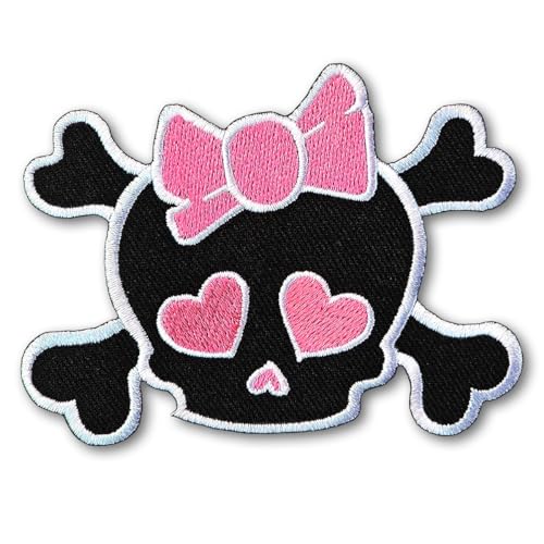 PatchDeeDee Aufnäher, Motiv: Totenkopf, rosa Herzen, Augen und Schleife, Geist, Tod, Applikation, zum Aufbügeln oder Aufnähen, bestickt, Rockabilly, Jeans, Westen von PatchDeeDee