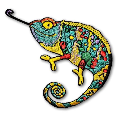 PatchDeeDee Aufnäher mit buntem Chamäleon-Eidechse, Retro, Hippie, Gecko, Haustier, Reptilien, Tierklettern, zum Aufbügeln oder Aufnähen, bestickt, für Jeans, Jacken von PatchDeeDee