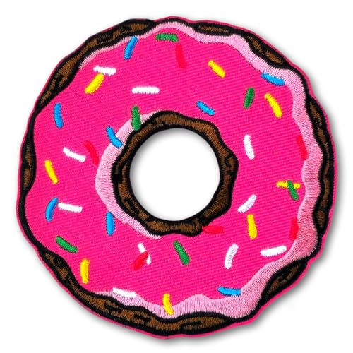 PatchDeeDee Aufnäher zum Aufbügeln oder Aufnähen, Motiv: rosa Erdbeere, süßer, gefrorener Donut, bunte Streusel, Dessert, Bäckerei, Applikation, zum Aufbügeln oder Aufnähen, für Jeans, Jacken, von PatchDeeDee