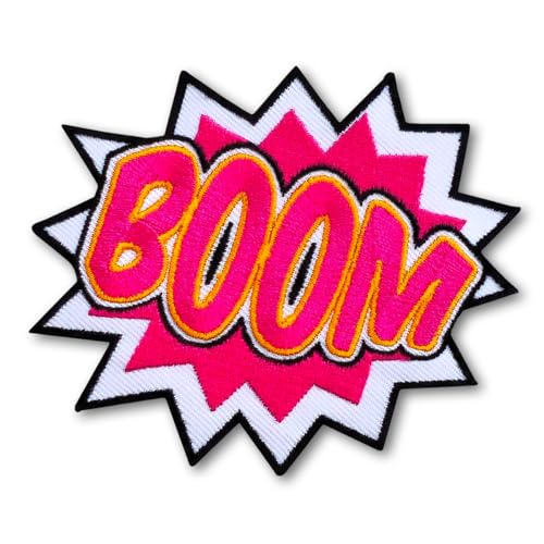 PatchDeeDee Pink Boom Soundeffekt Superhelden Comics lustiger Text Cartoon Rahmen Applikation Bügelbild Aufbügler Aufnäher, Retro für Jeans, Jacken, Kleidung von PatchDeeDee