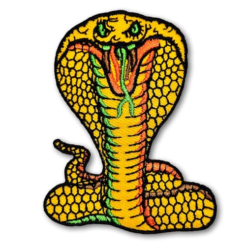 PatchDeeDee Striking King Cobra Fanged Snakes Venomous Serpent Attack Reptile Iron on Sew on Embroidered Applique Patch for Jeans Jackets Design Yellow, S-AniM-P143 von PatchDeeDee