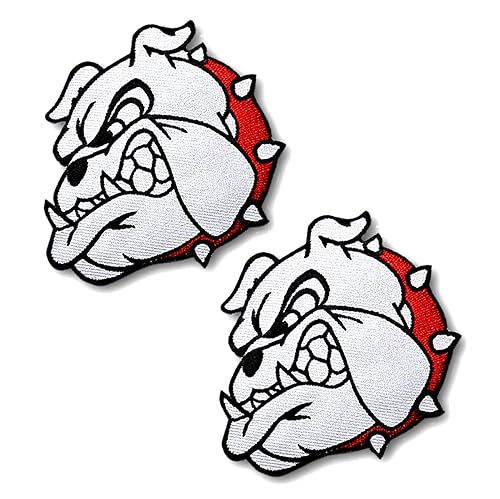 Patchicon4u 2 Stück weißer Kopf Pitbull Bulldogge Gesicht Haustier Halsband wilder Hund Cartoon Aufbügler Nähen auf bestickte Applikation Patch für Hemden, Jeans, Jacken, Kleidung von Patchicon4u