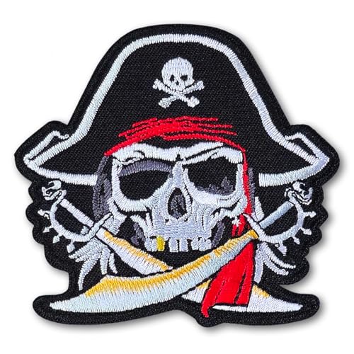 Patchicon4u Piratenschädel Goldkreuz Schwerter roter Turban Augenklappe schwarzer Geist Kapitän Skelett Knochen zum Aufbügeln oder Aufnähen, bestickte Applikation für Hemden, Jeans, Kleidung von Patchicon4u