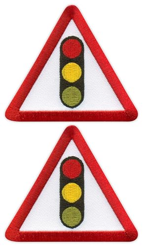 2er-Set – Verkehrszeichen voraus, britisches Straßenschild – schwarzes VeIcro/Klettverschluss-Rückseite – bestickter Aufnäher/Abzeichen/Emblem von Patchion