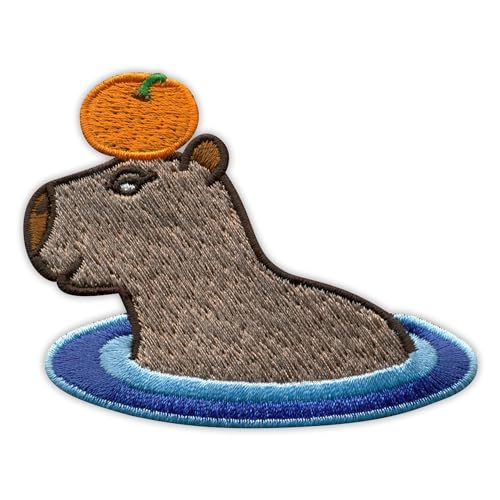 Capybara Aufnäher mit Orangen, selbstklebende Rückseite, bestickt von Patchion