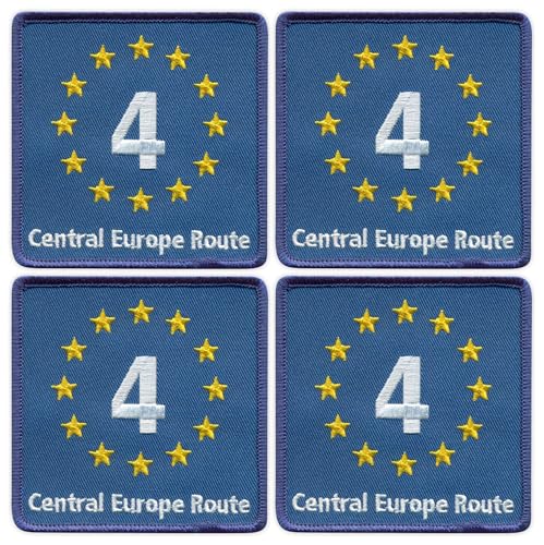 EuroVelo 4, EV4 Mitteleuropa-Route – schwarzes VeIcro/Klettverschluss-Rückseite, bestickter Aufnäher/Abzeichen/Emblem, 4er-Set von Patchion