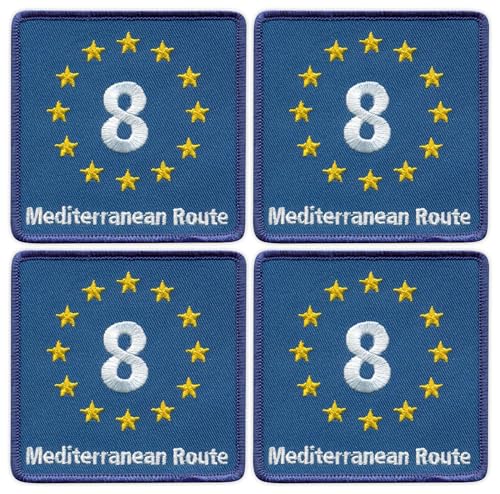 EuroVelo 8, EV8 Mittelmeerroute – Bügeln/Heißsiegelrückseite – bestickter Aufnäher/Abzeichen/Emblem, 4 Stück von Patchion