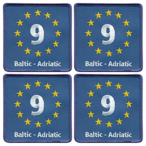 EuroVelo 9, EV9 Baltic – Adriatic – schwarzes VeIcro/Klettverschluss-Rückseite, bestickter Aufnäher/Abzeichen/Emblem, 4 Stück von Patchion