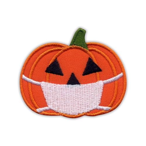 Halloween Kürbis mit Gesichtsmaske – selbstklebende Rückseite – bestickter Aufnäher/Abzeichen/Emblem von Patchion