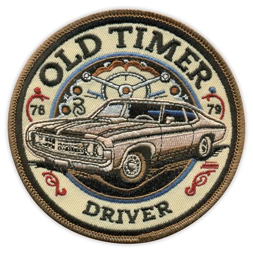 Old Timer Driver 1970er Jahre – Weißer VeIcro/Klettverschluss-Rückseite – bestickter Aufnäher/Abzeichen/Emblem von Patchion