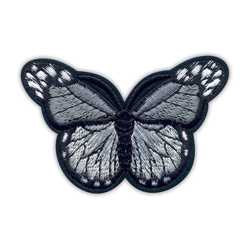 Patchion Butterfly Grey Big – schwarzer Klettverschluss, kompatibel mit Klettverschluss, bestickter Aufnäher/Abzeichen/Emblem von Patchion