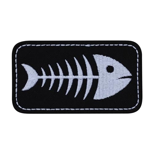 Patchion Fishbone – Weiße Knochen, Skelett auf schwarzem Hintergrund – schwarzer Klettverschluss kompatibel mit Klettverschluss – bestickter Patch/Abzeichen/Emblem von Patchion