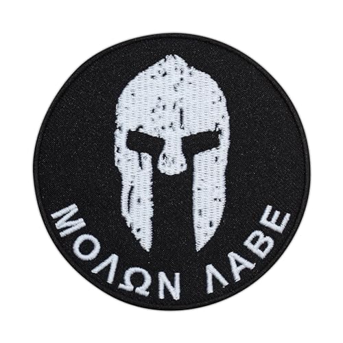 Patchion Molon Labe - Spartan Helm, Broken by Battles - Schwarzer Klettverschluss kompatibel mit Klettverschluss - Bestickter Patch/Abzeichen/Emblem von Patchion