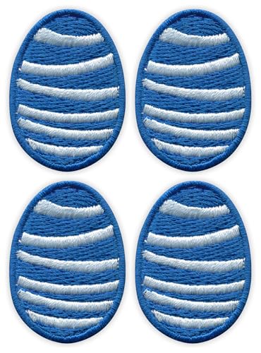 Patchion Osterei blau mit weißen Streifen zum Aufnähen – bestickter Aufnäher/Abzeichen/Emblem, 4 Stück von Patchion