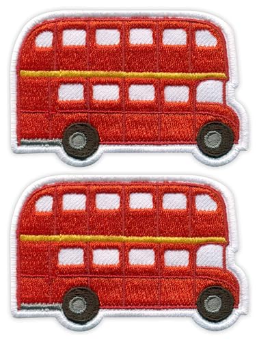 Patchion Red Double Decker Bus – Bügeln/Heißsiegel-Rückseite – bestickter Aufnäher/Abzeichen/Emblem, 2er-Set von Patchion