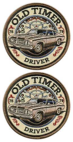 Set mit 2 – Old Timer Driver 1970er – schwarzes VeIcro/Klettverschluss-Rückseite – bestickter Aufnäher/Abzeichen/Emblem von Patchion