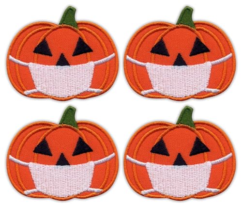 Set mit 4 – Halloween-Kürbis mit Gesichtsmaske – schwarzes VeIcro/Klettverschluss-Rückseite – bestickter Aufnäher/Abzeichen/Emblem von Patchion