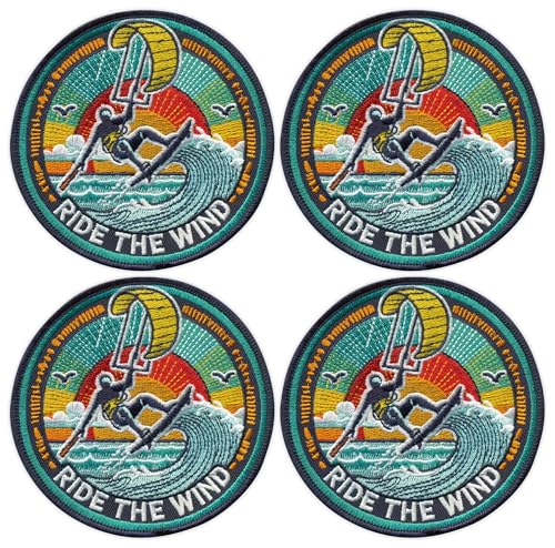 Set mit 4 – Kitesurfen – Ride The Wind – schwarzes VeIcro/Klettverschluss-Rückseite – bestickter Aufnäher/Abzeichen/Emblem von Patchion