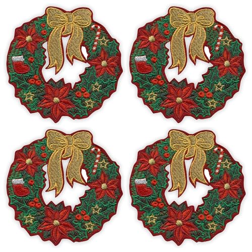 Set mit 4 Weihnachtskranz mit goldener Schleife, schwarzes VeIcro/Klettverschluss-Rückseite, bestickter Aufnäher/Abzeichen/Emblem von Patchion