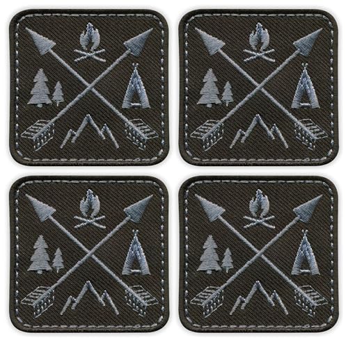 Set mit 4 gekreuzten Pfeilen – Camping, Berge, Wald, Lagerfeuer – schwarze und graue Version – schwarzes VeIcro/Klettverschluss-Rückseite – bestickter Aufnäher/Abzeichen/Emblem von Patchion