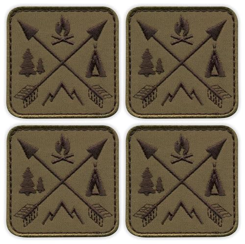 Set mit vier gekreuzten Pfeilen – Camping, Berge, Wald, Lagerfeuer – dezente Version – zum Aufnähen – bestickter Patch/Abzeichen/Emblem von Patchion