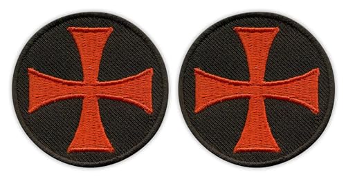 Set mit zwei – Templerkreuz – runder Aufnäher, schwarzer Hintergrund – zum Aufbügeln auf der Rückseite – bestickter Aufnäher/Abzeichen/Emblem von Patchion