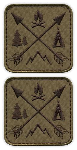 Set mit zwei gekreuzten Pfeilen – Camping, Berge, Wald, Lagerfeuer – dezente Version – zum Aufnähen – bestickter Patch/Abzeichen/Emblem von Patchion