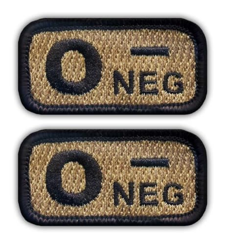 Set von zwei – Blutgruppe 0 "Neg" Coyote-tan – Schwarz VeIcro/Klettverschluss-Rückseite – gestickter Aufnäher/Abzeichen/Emblem von Patchion