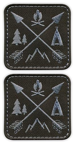 Set von zwei gekreuzten Pfeilen – Camping, Berge, Wald, Lagerfeuer – schwarz und grau Version – zum Aufnähen – bestickter Patch/Abzeichen/Emblem von Patchion